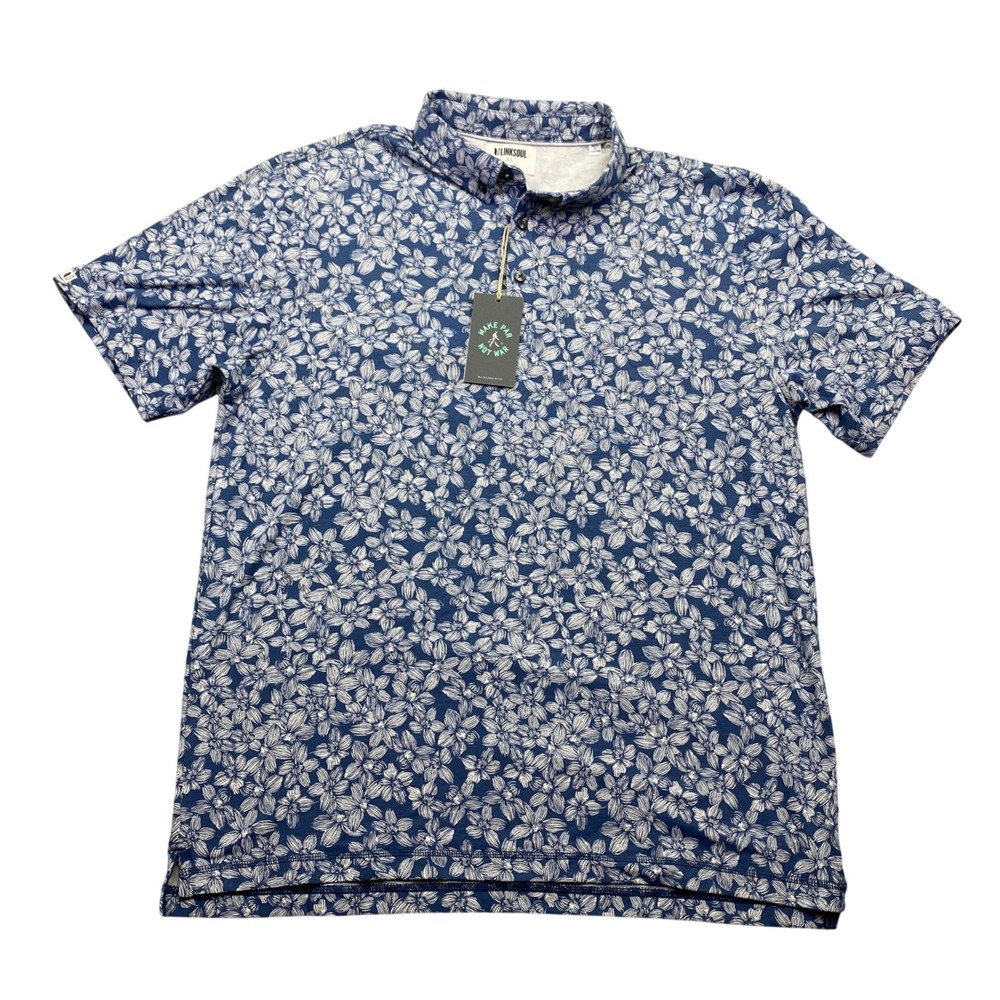 Linksoul Mens XL Blue Floral Short Sleeve Polo Shirt GP Invitational NWT